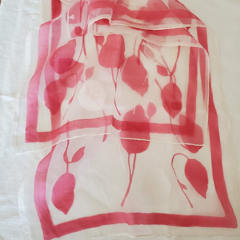 White and Pink Falling Leaves Scarf 14" X 43" - Picture 4 of 7